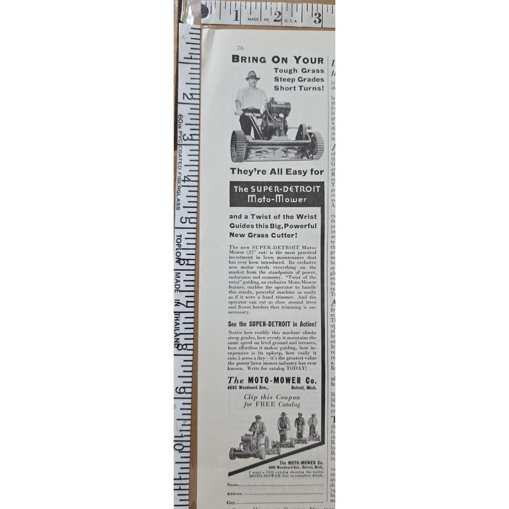 Vintage 1932 Moto-Mower Super Detroit Lawn Mower Advertisement - Detroit MI